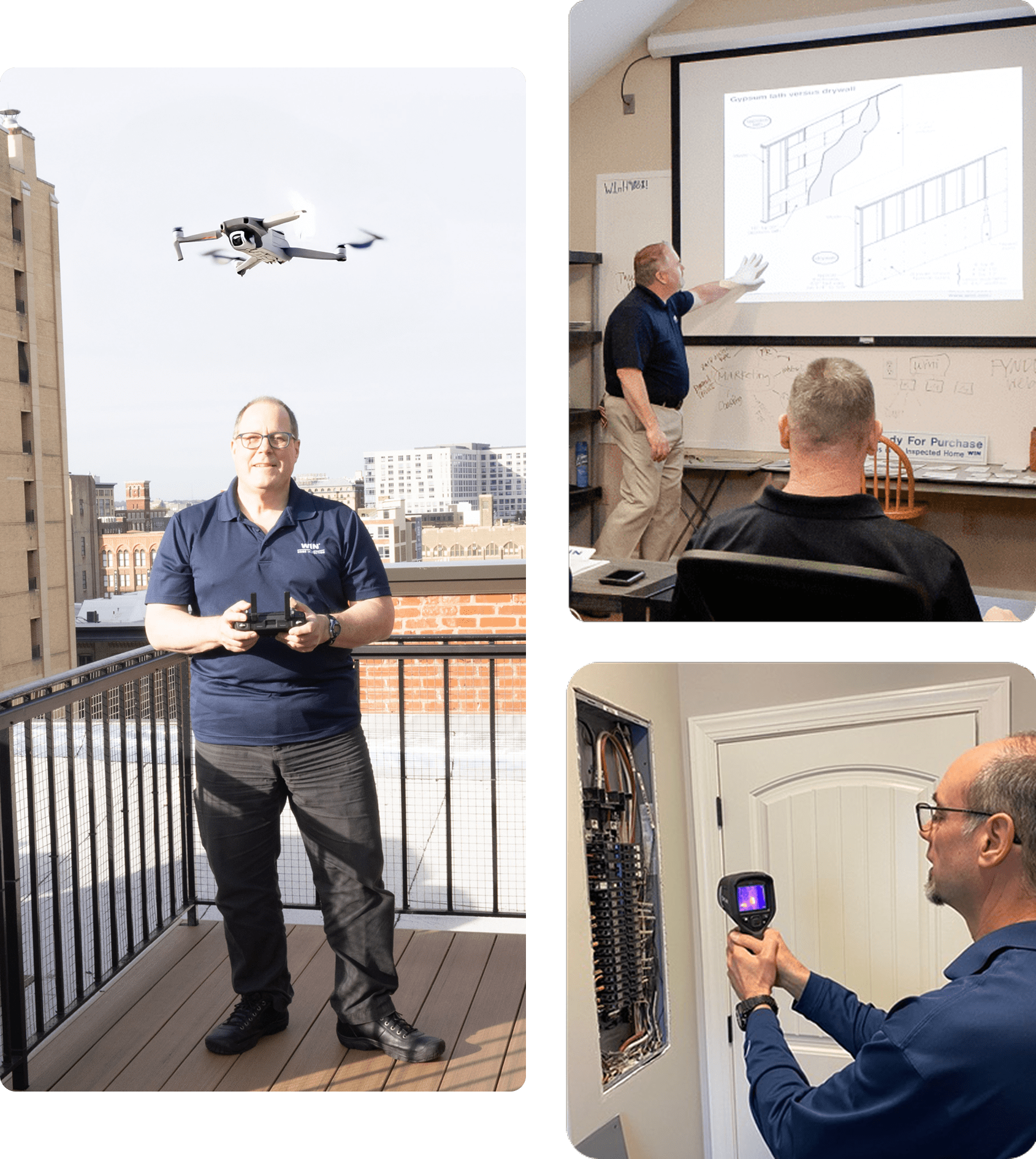 3 images of home inspectors doing various things